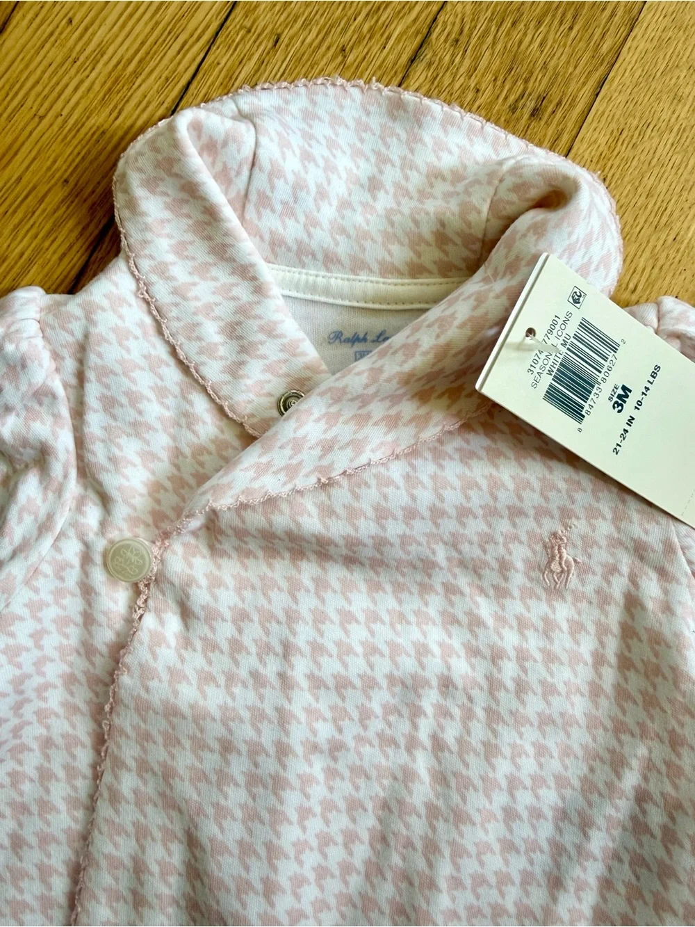 Polo by Ralph Lauren Pale Pink Houndstooth Footed One-Piece